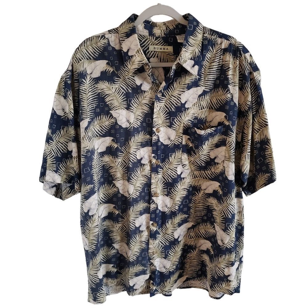 Summa Men Size XL 100% Silk Hawaiian Aloha Shirt Blue with Tan Leaf & Fern Print - Picture 1 of 5